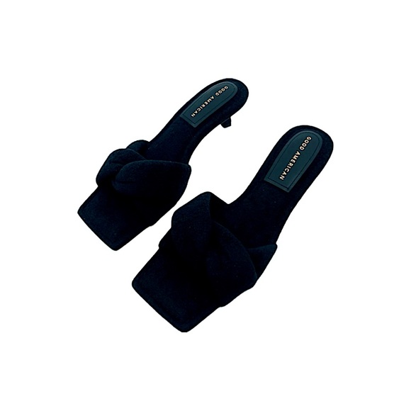 Good American Shoes - black Good American kickstand mule heels | black terry cloth kitten heel